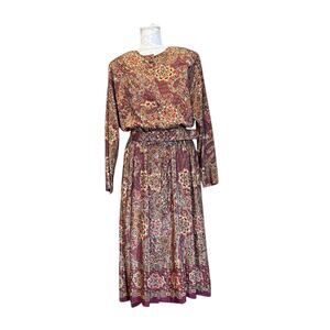 Vintage Ms Chaus Red Brown Paisley Belted Drop Waist Dress Womens Sz 16 Paisley